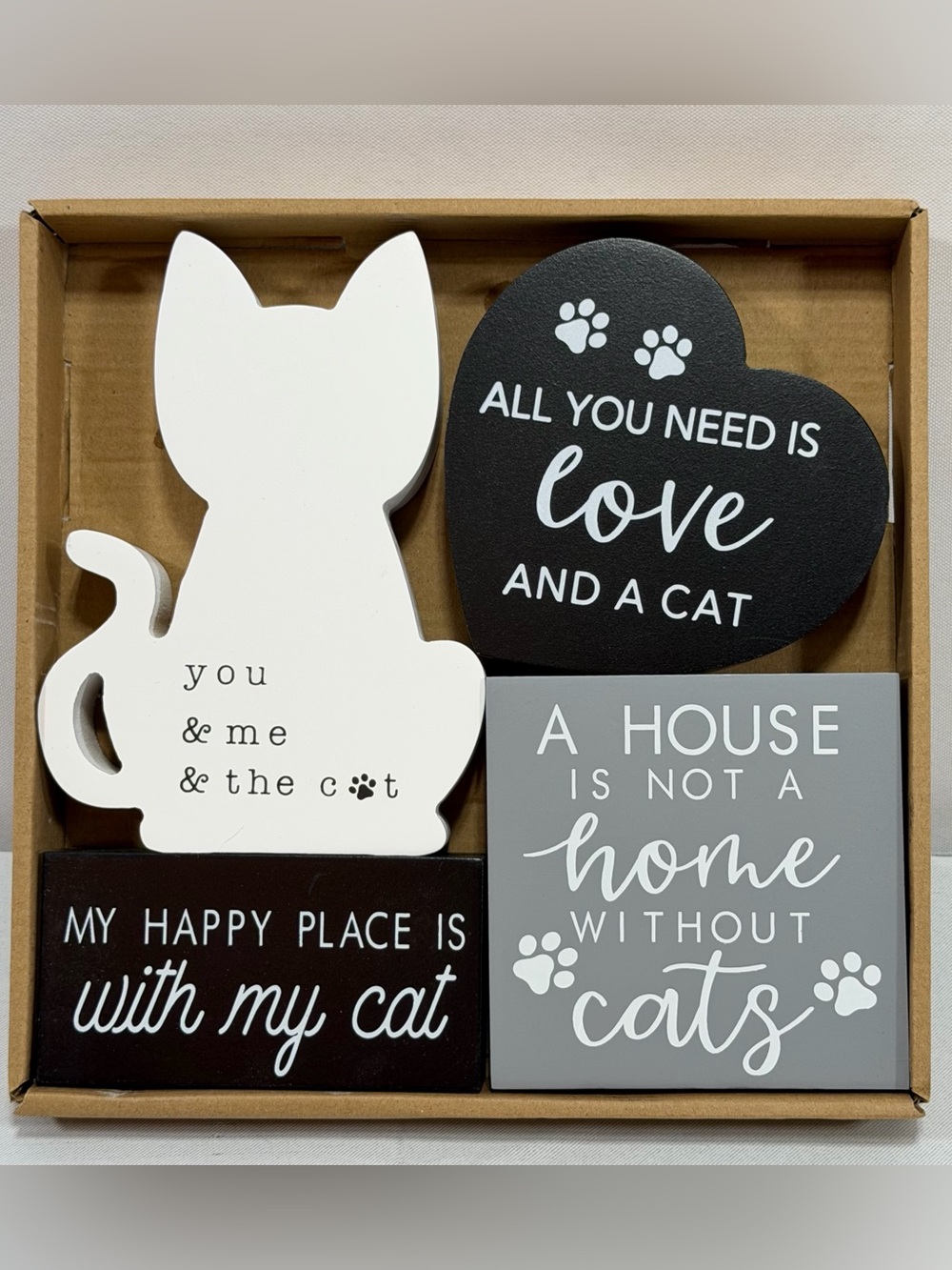 Cat Quote Wood Block Plaque Sign Set of 4 Freestanding Painted Decor 4in